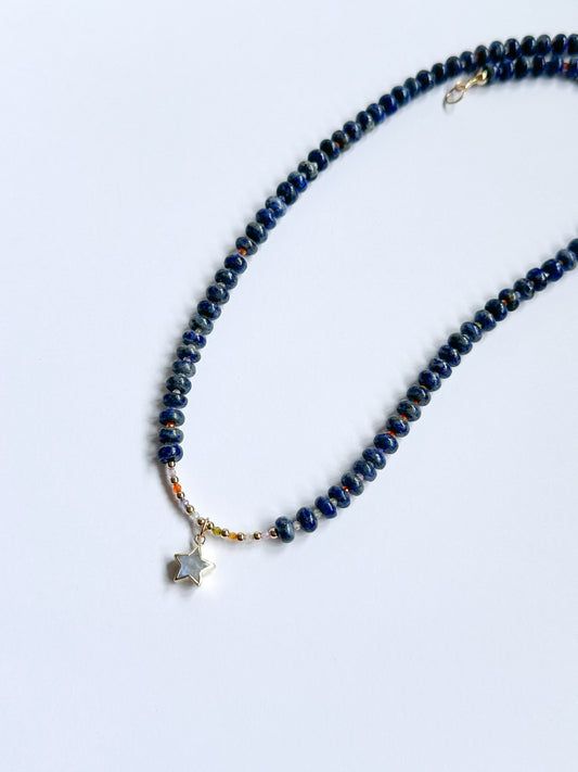 Blue Lapis with Moonstone heart and rainbows