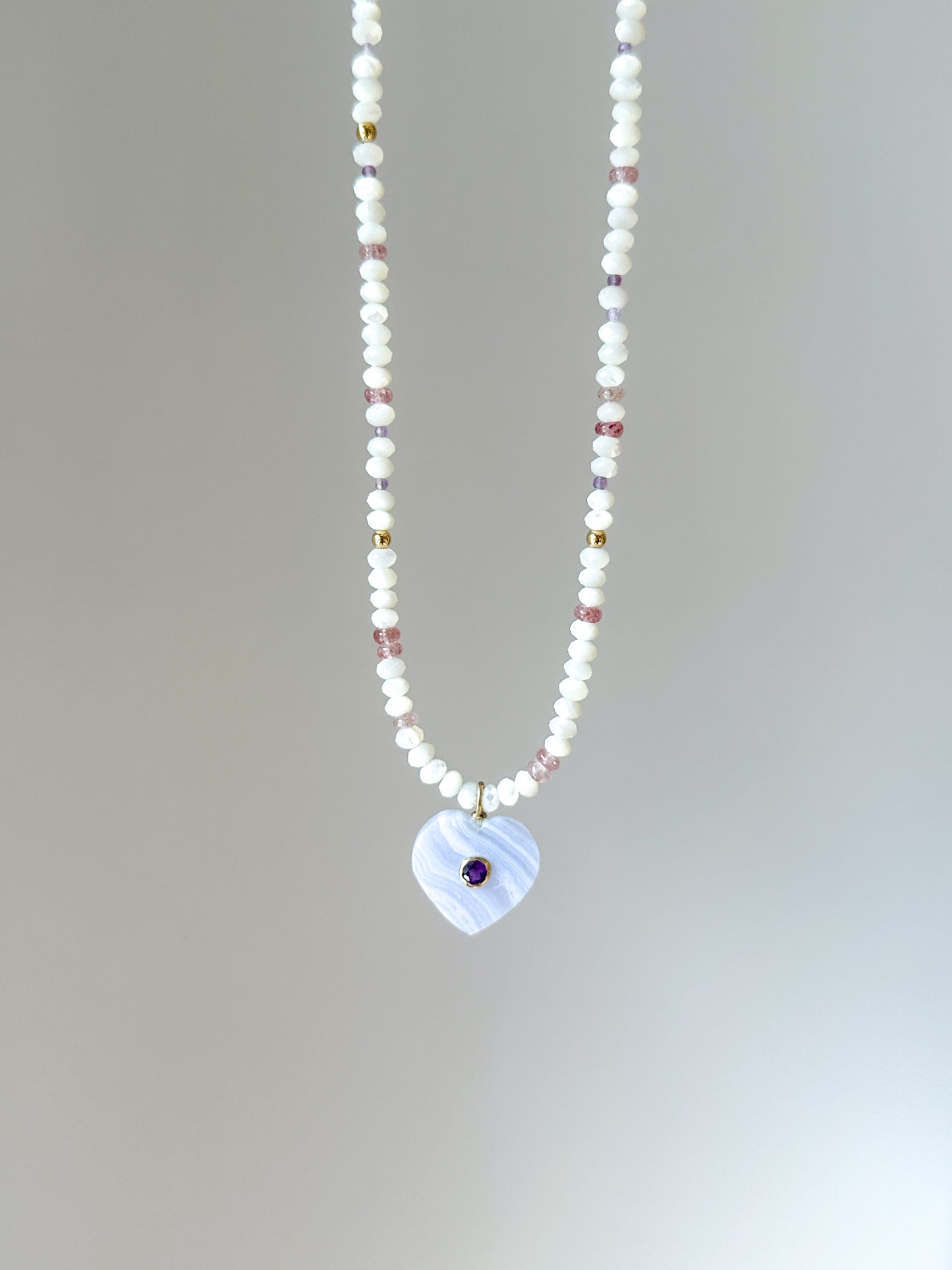 Lace Agate Marbling Heart with Mother of Pearl Gems