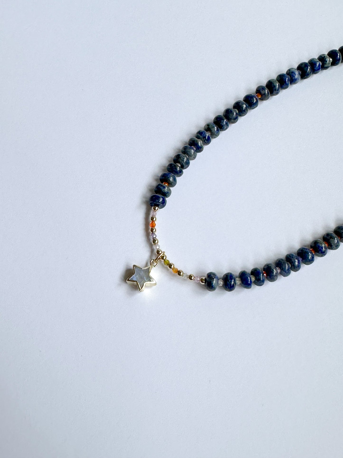 Blue Lapis with Moonstone heart and rainbows